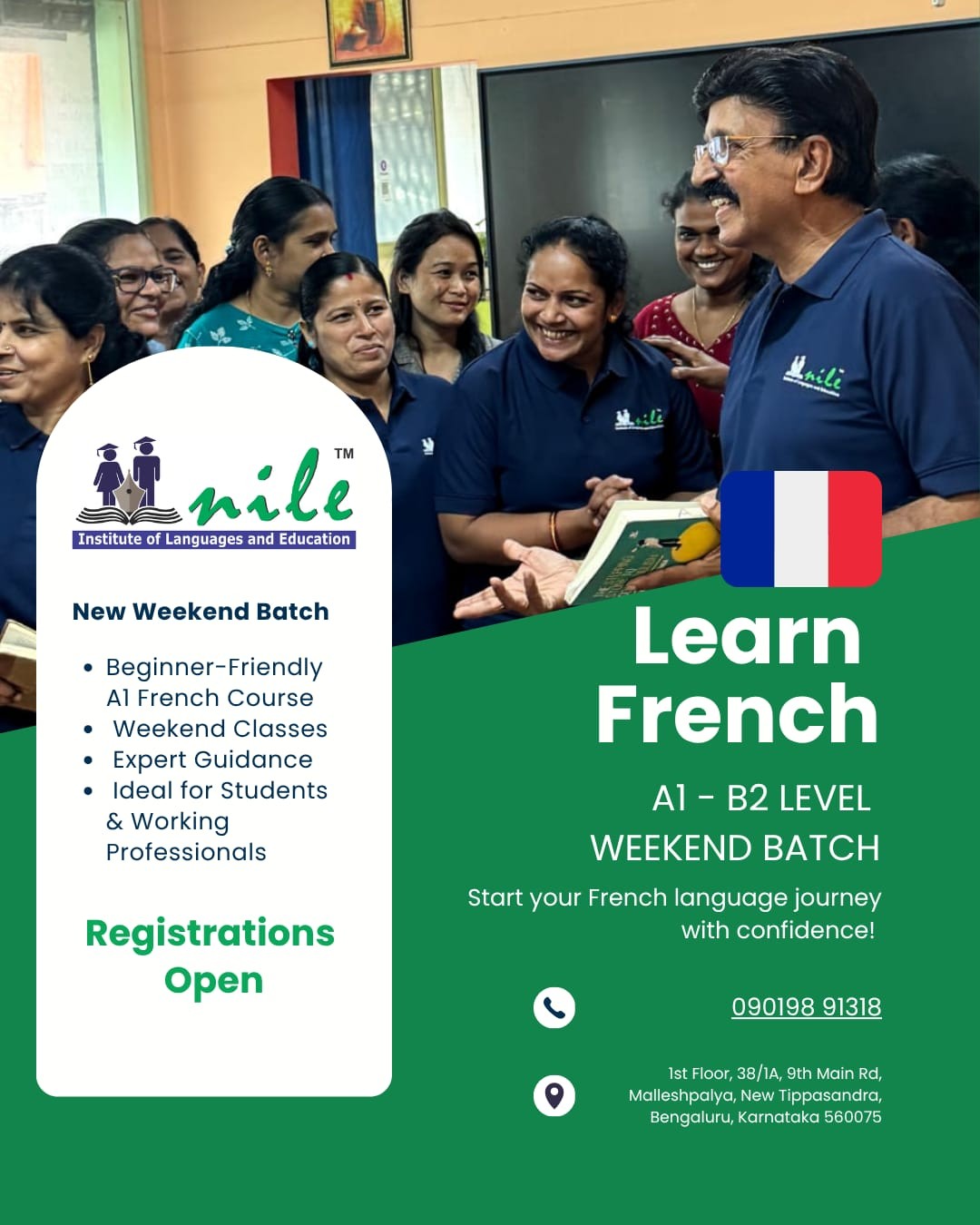 Poster: Learn French, A1-B2 weekend batch, registrations open